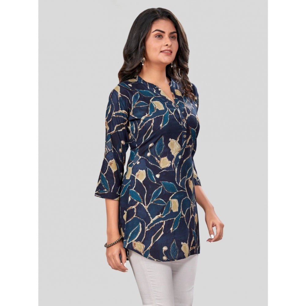 Rayon Mandarin Collar 3/4 Sleeves Short Top (NavyBlue)