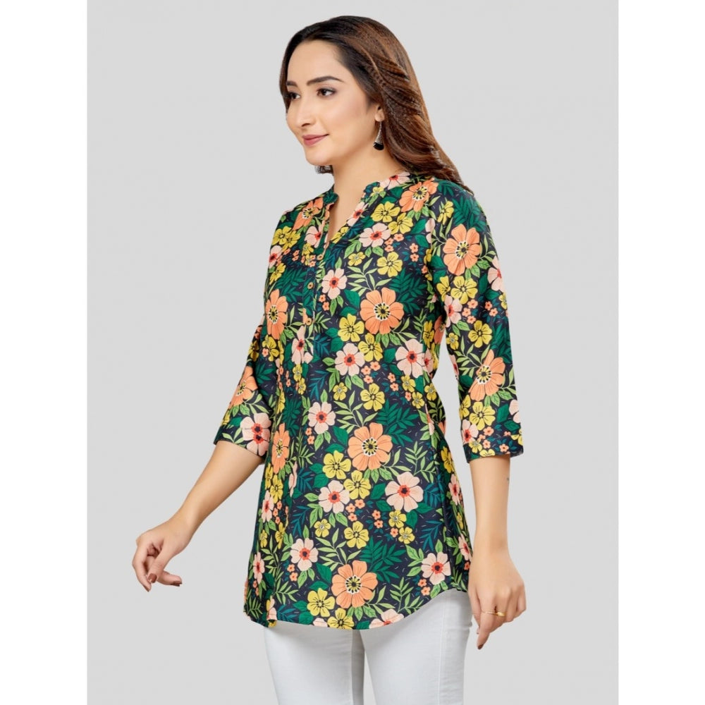 Cotton Blend Mandarin Collar 3/4 Sleeves Short Top (Green)