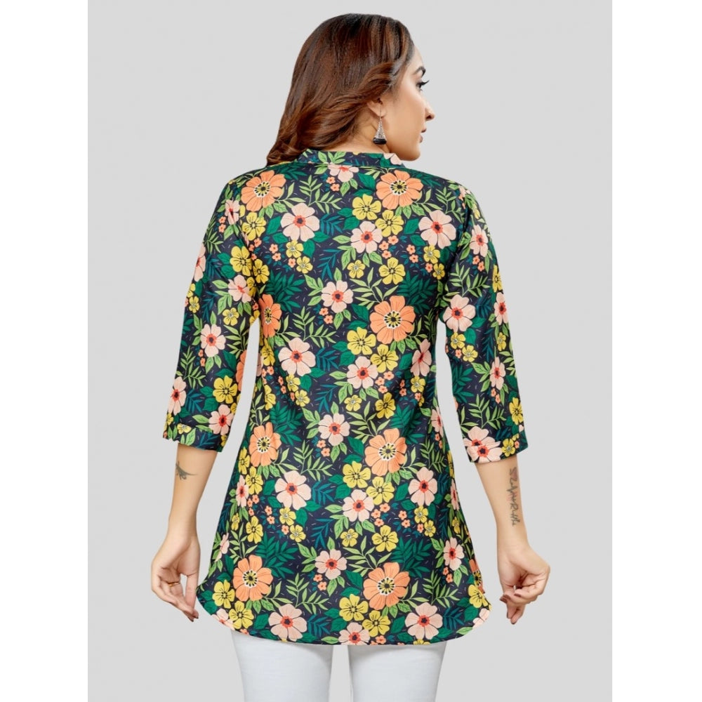 Cotton Blend Mandarin Collar 3/4 Sleeves Short Top (Green)