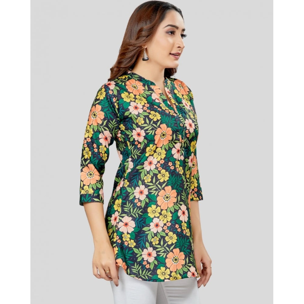 Cotton Blend Mandarin Collar 3/4 Sleeves Short Top (Green)