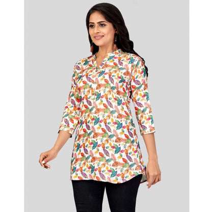 Cotton Blend Mandarin Collar 3/4 Sleeves Short Top (Multicolor)