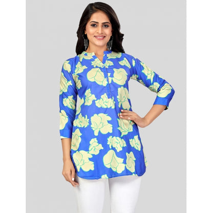 Poly Crepe Mandarin Collar 3/4 Sleeves Short Top (Blue)