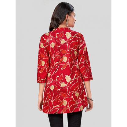 Rayon Mandarin Collar 3/4 Sleeves Short Top (Red)