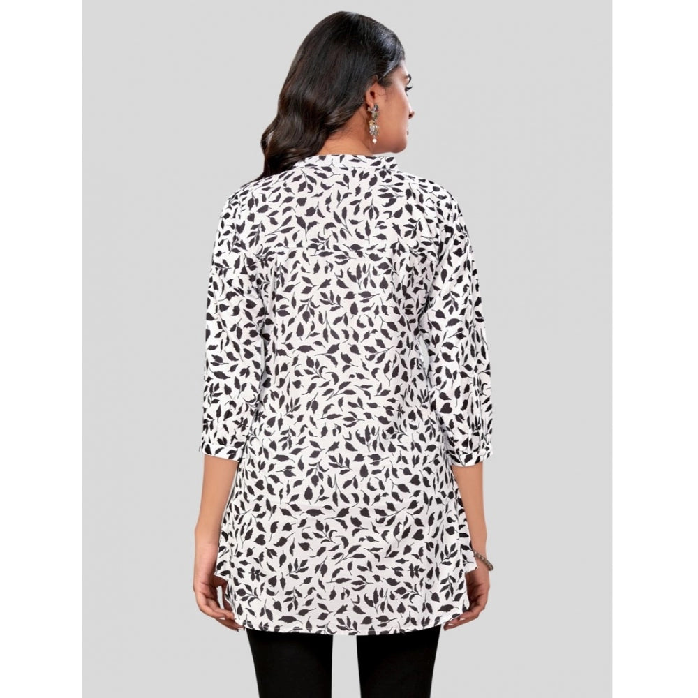 Poly Crepe Chinese Collar 3/4 Sleeves Short Top (Black-White)