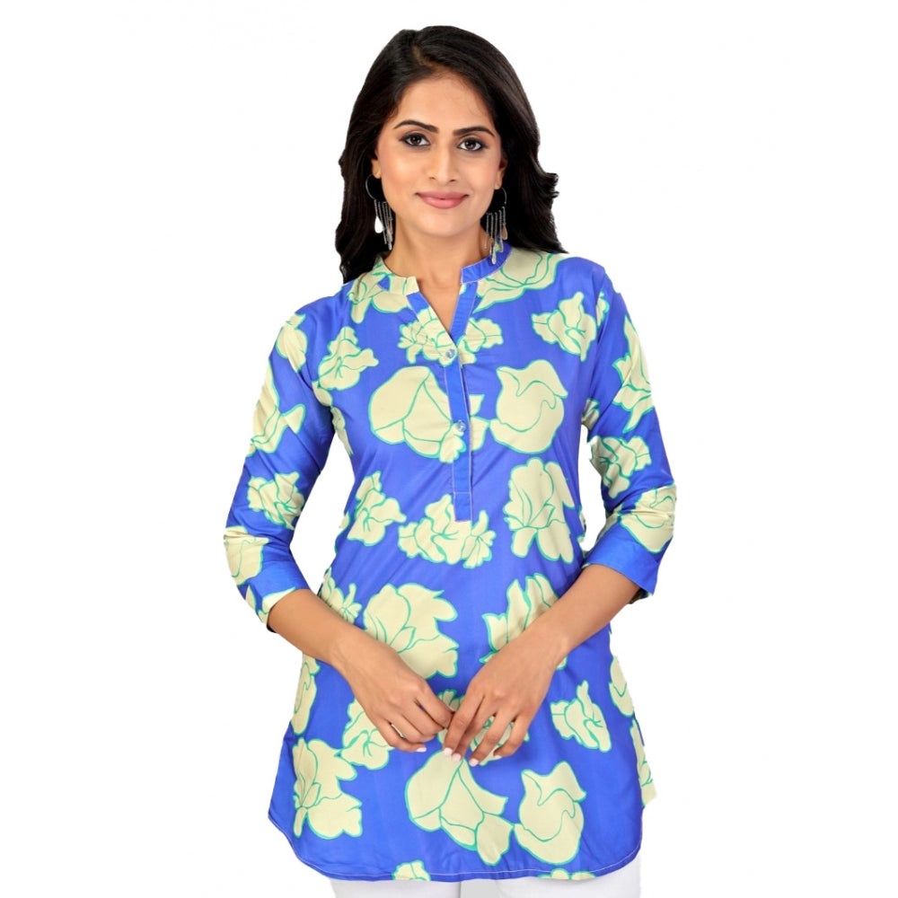 Poly Crepe Mandarin Collar 3/4 Sleeves Short Top (Blue)