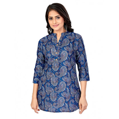 Cotton Blend Mandarin Collar 3/4 Sleeves Short Top (Blue)