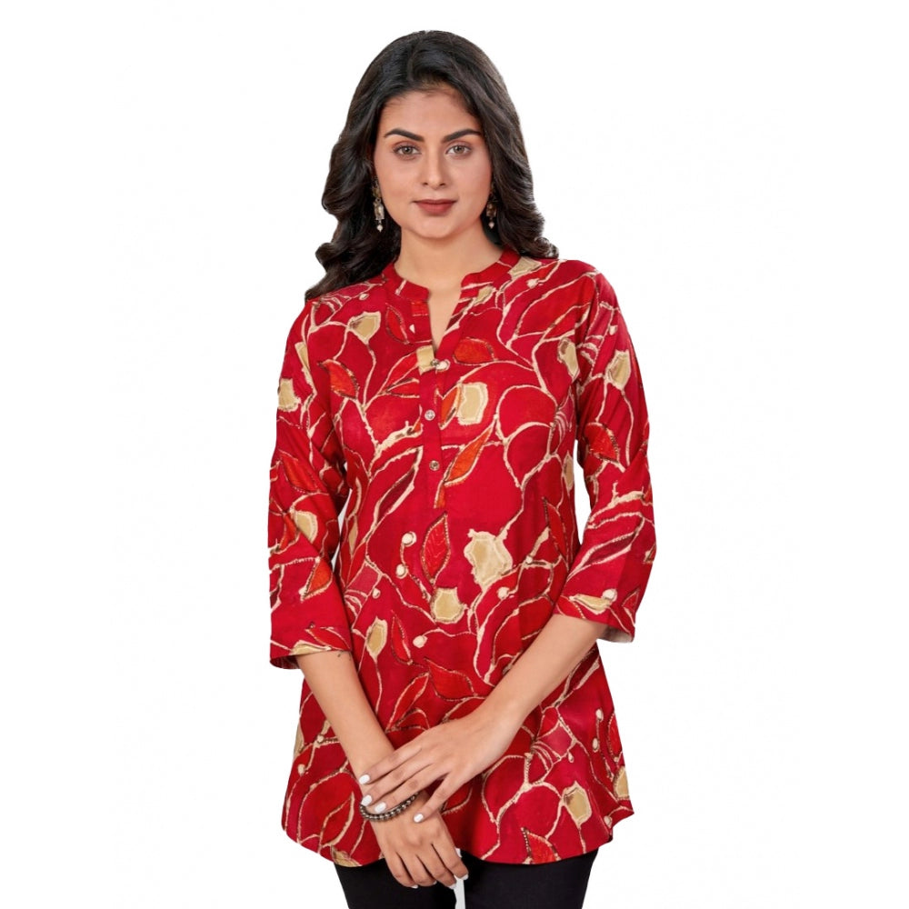 Rayon Mandarin Collar 3/4 Sleeves Short Top (Red)