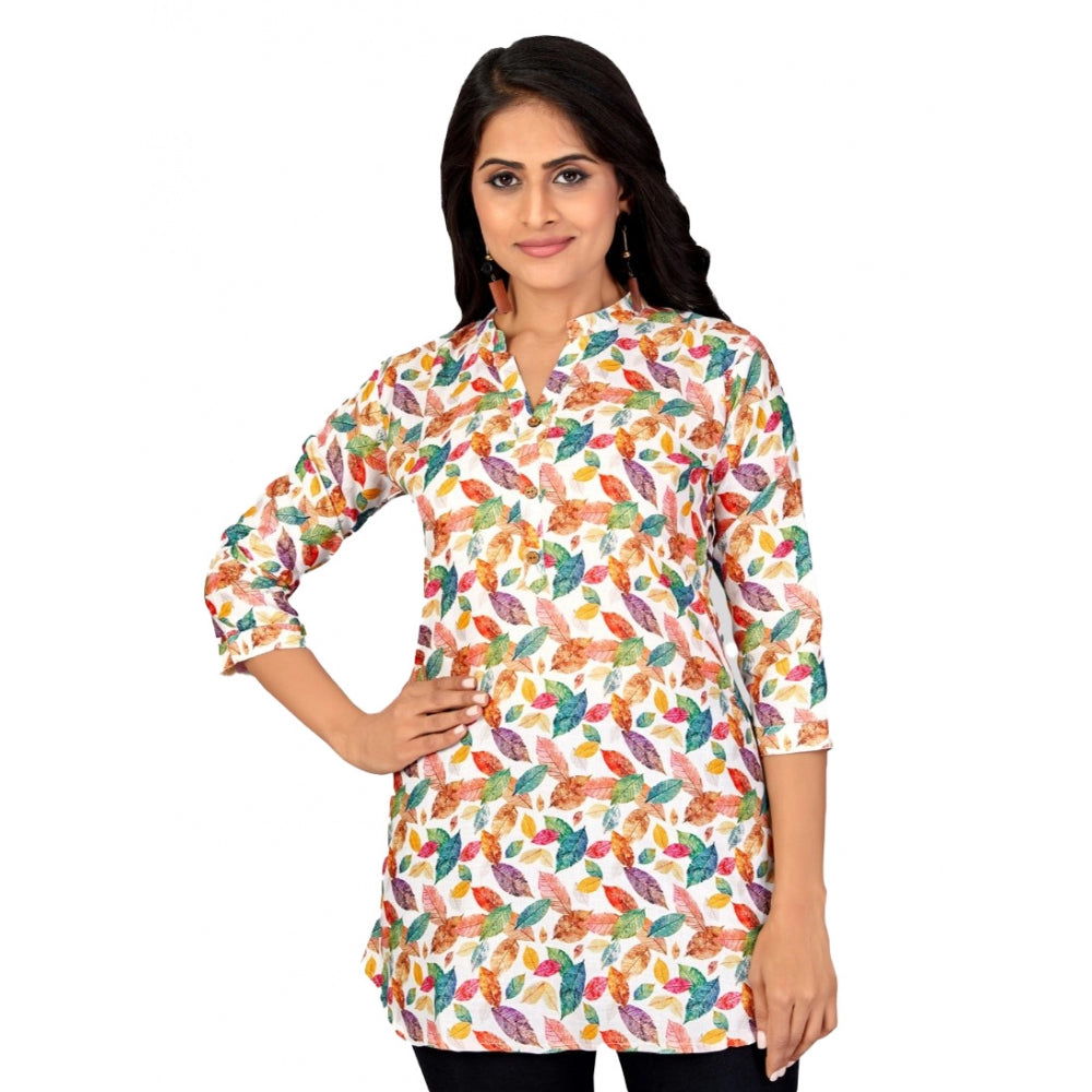 Cotton Blend Mandarin Collar 3/4 Sleeves Short Top (Multicolor)