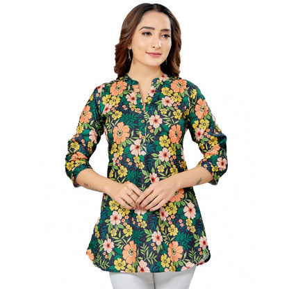 Cotton Blend Mandarin Collar 3/4 Sleeves Short Top (Green)