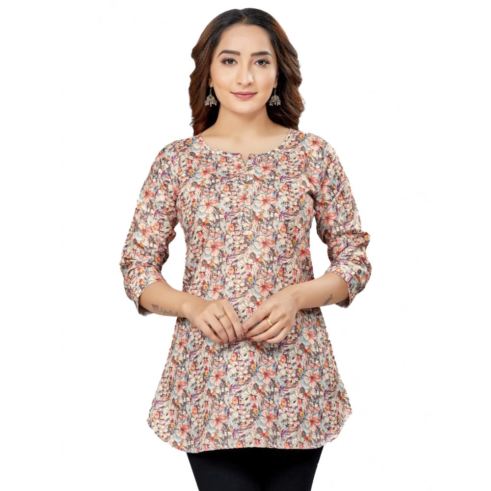 Cotton Blend Round Neck 3/4 Sleeves Short Top (Multicolor)