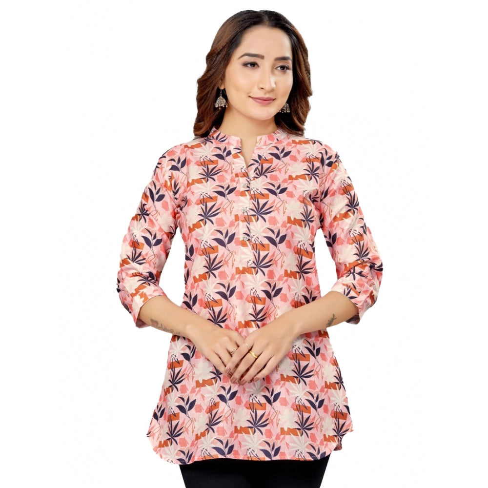 Cotton Blend Mandarin Collar 3/4 Sleeves Short Top (Pink-Navy Blue)