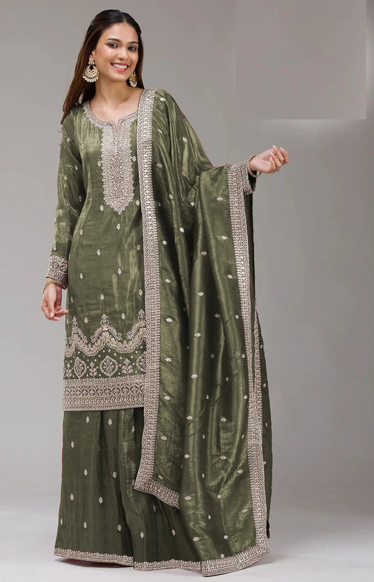 Fashion Dream Women Green Gold Crush Designer Suit Collection