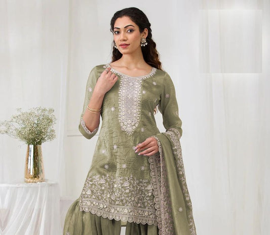 Fashion Dream Women Green Gold Crush Designer Suit Collection
