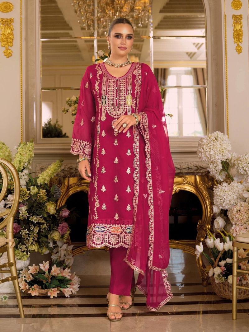 Fashion Dream Women Magenta Chinon Designer Suit Collection