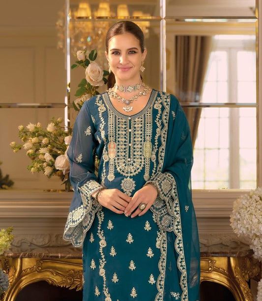 Fashion Dream Women Teal Chinon Designer Suit Collection