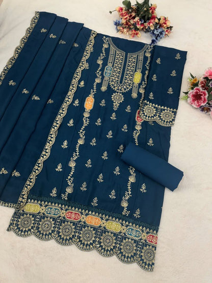 Fashion Dream Women Teal Chinon Designer Suit Collection