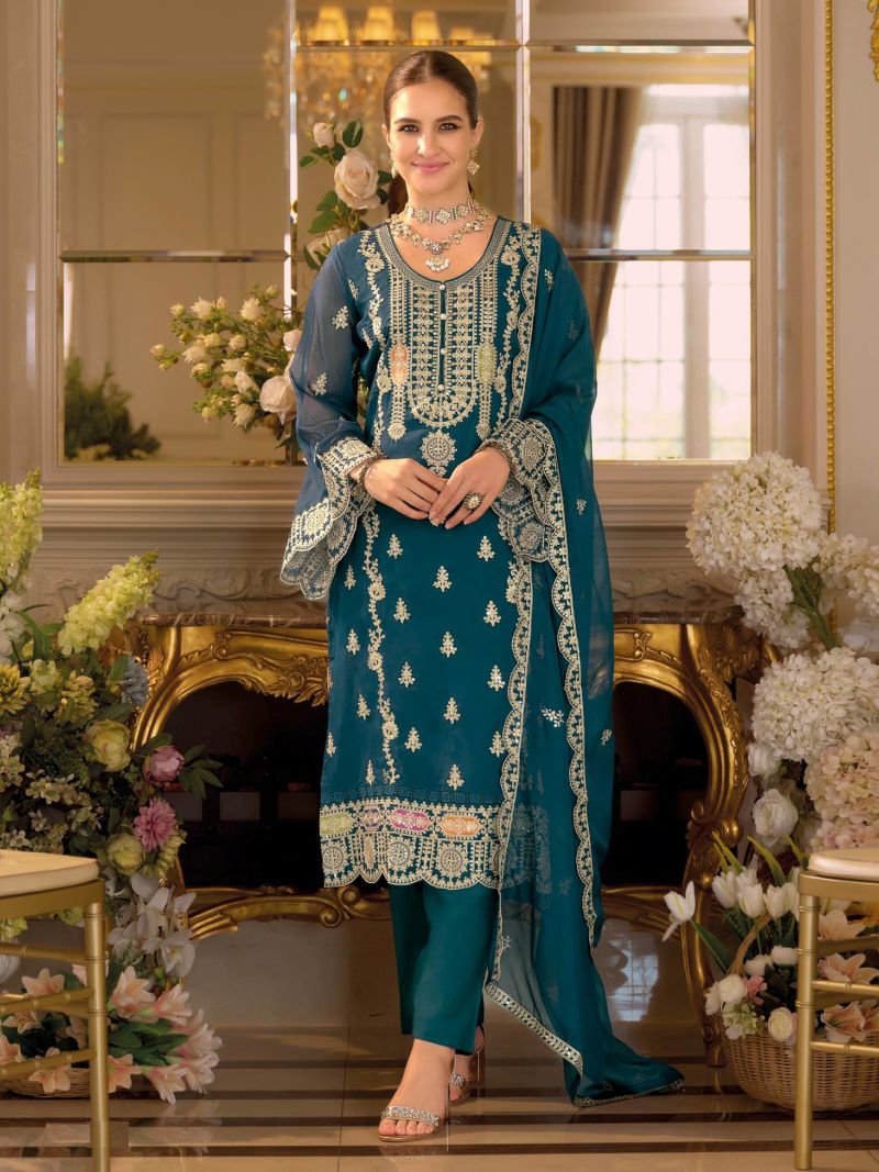 Fashion Dream Women Teal Chinon Designer Suit Collection