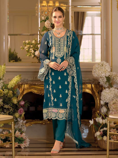 Fashion Dream Women Teal Chinon Designer Suit Collection
