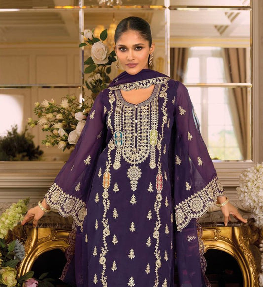 Fashion Dream Women Purple Chinon Designer Suit Collection