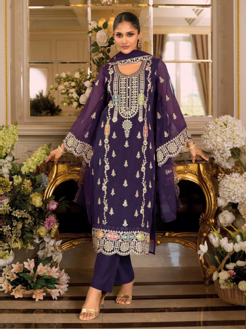 Fashion Dream Women Purple Chinon Designer Suit Collection