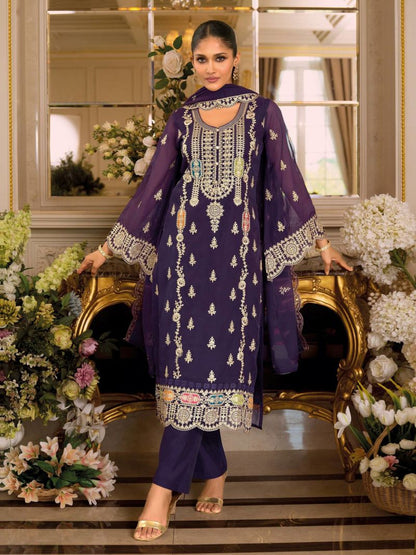 Fashion Dream Women Purple Chinon Designer Suit Collection