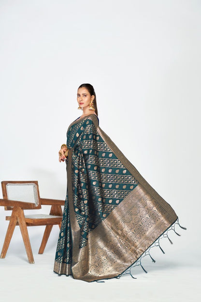 Fashion Dream Womens teal blue banarasi silk Saree