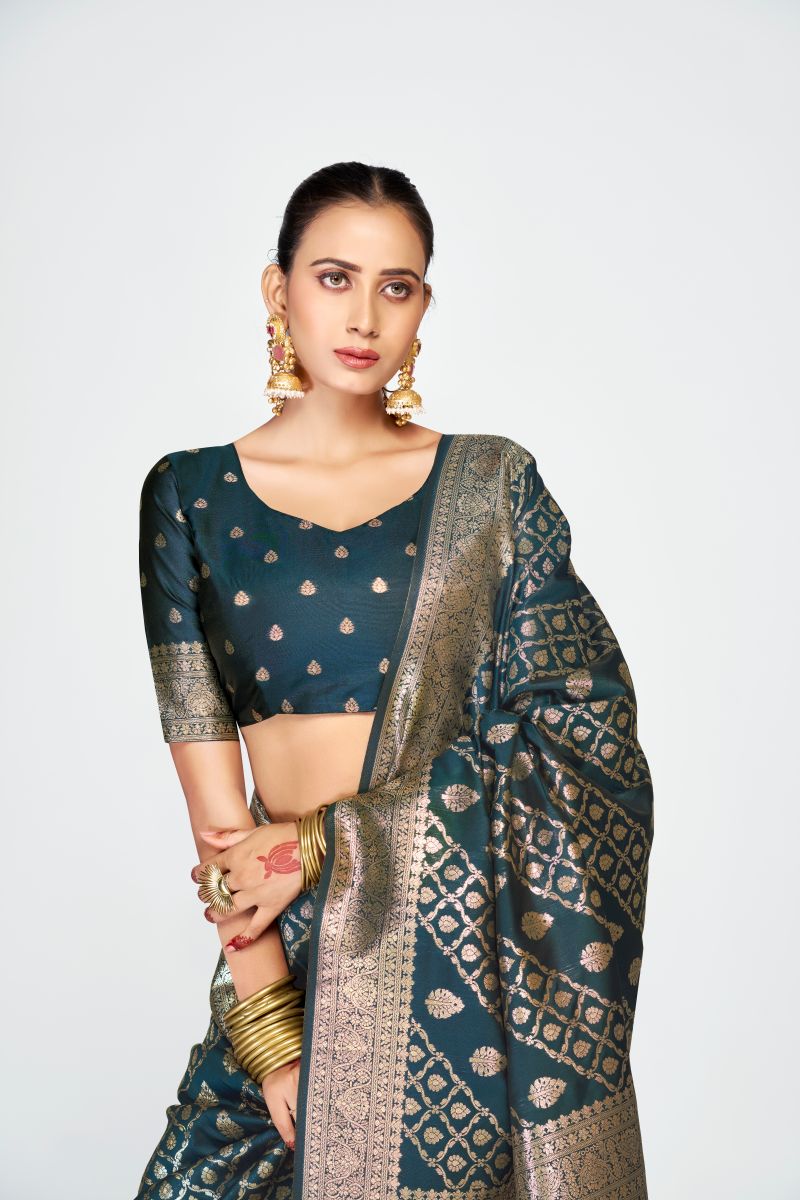 Fashion Dream Womens teal blue banarasi silk Saree