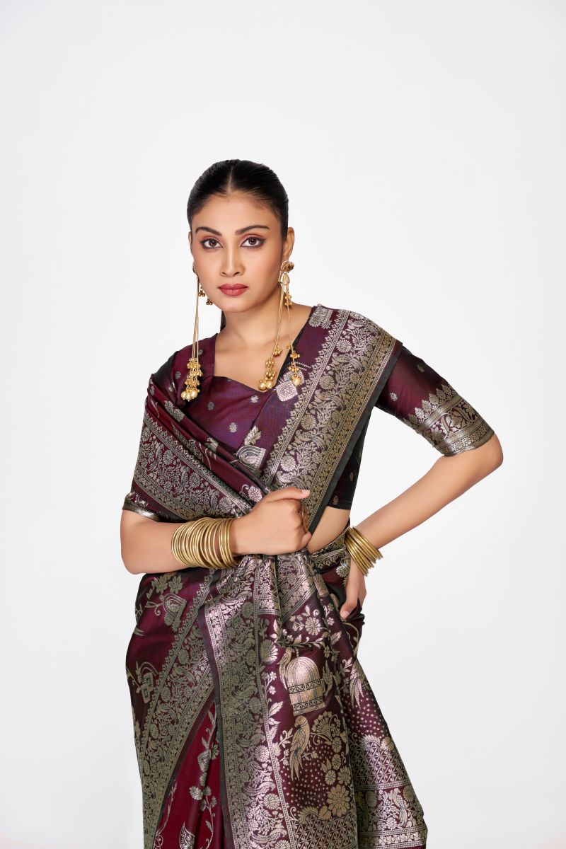 Fashion Dream Womens wine banarasi silk Saree