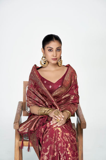 Fashion Dream Womens burgundy banarasi silk Saree