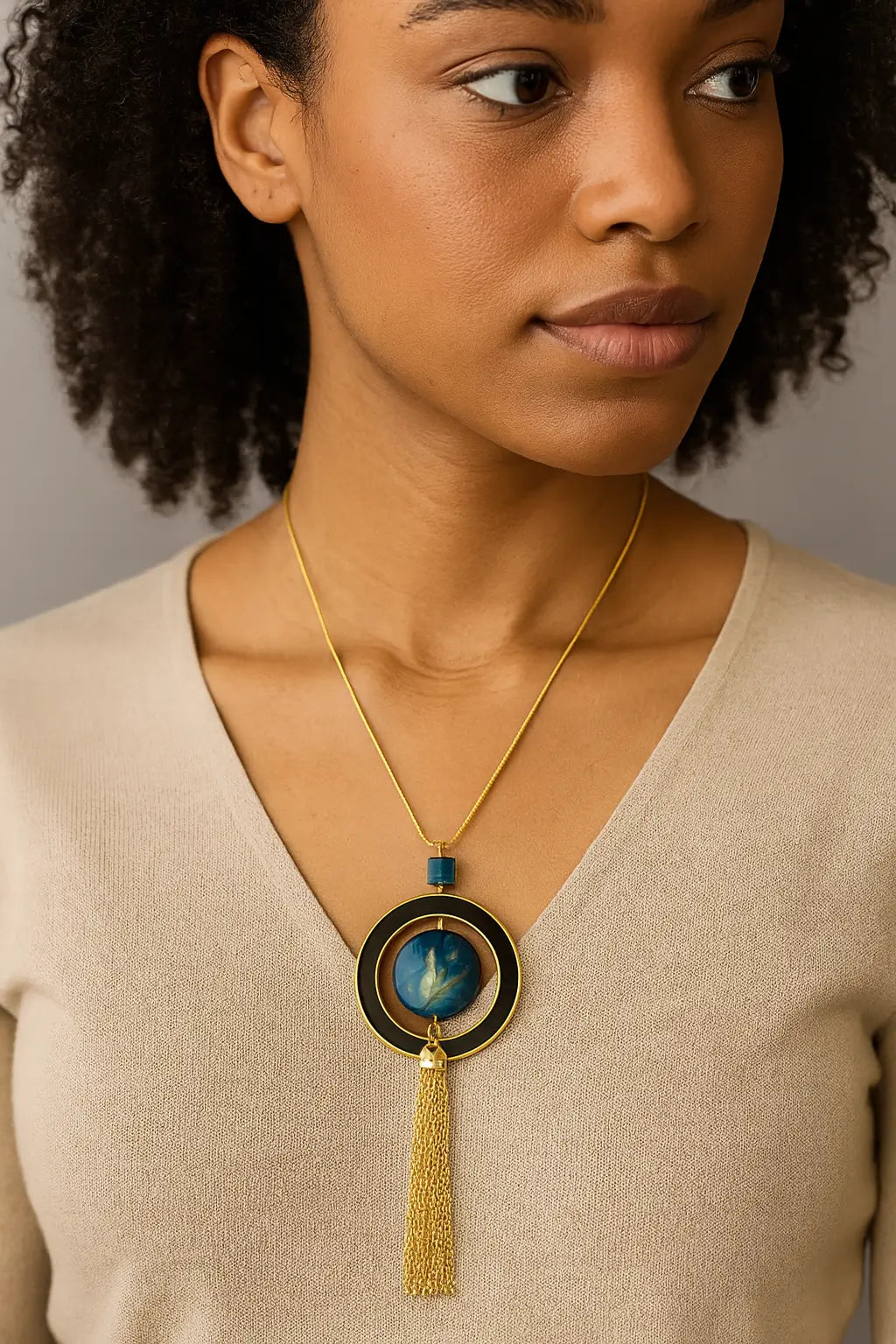 Antique Gold Tassel Necklace with Blue Accent