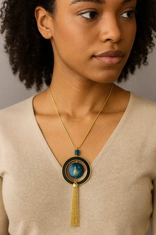 Antique Gold Tassel Necklace with Blue Accent