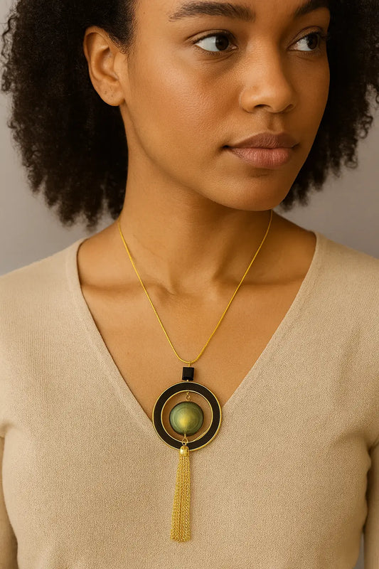 Antique Gold Tassel Necklace with Enamel Accent