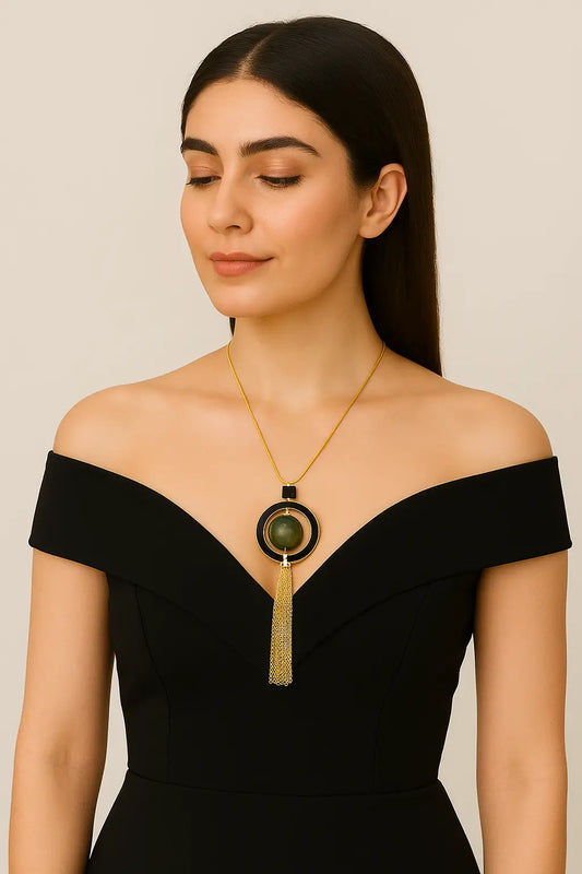 Antique Gold Tassel Pendant Necklace with Green Accent