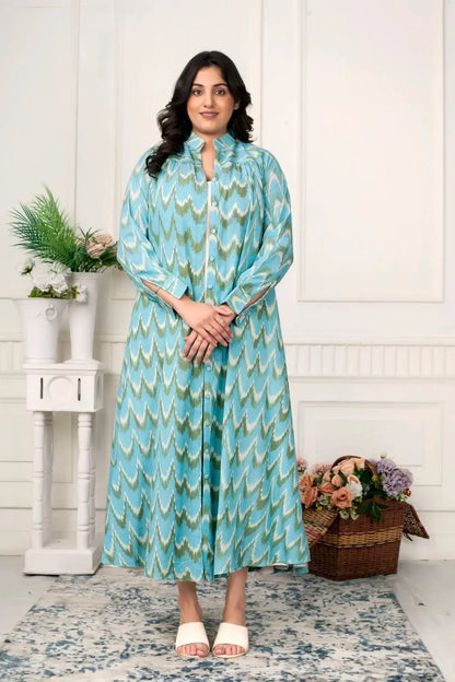 Aqua blue Ikat handloom jacket dress for women