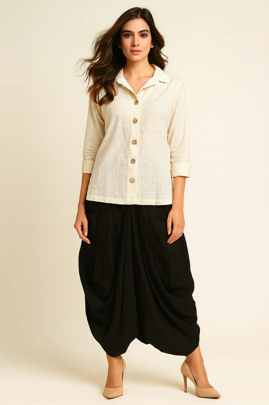 Black Rayon Cowl Skirt with Ivory Khadi Shirt Co-Ord Set for Women India