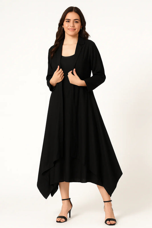 Black asymmetric linen dress with long overlay
