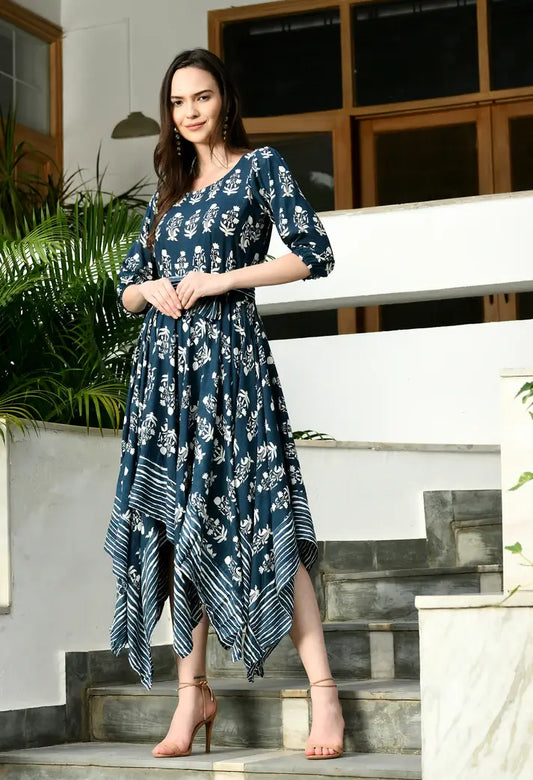 Blue handkerchief style dress for women