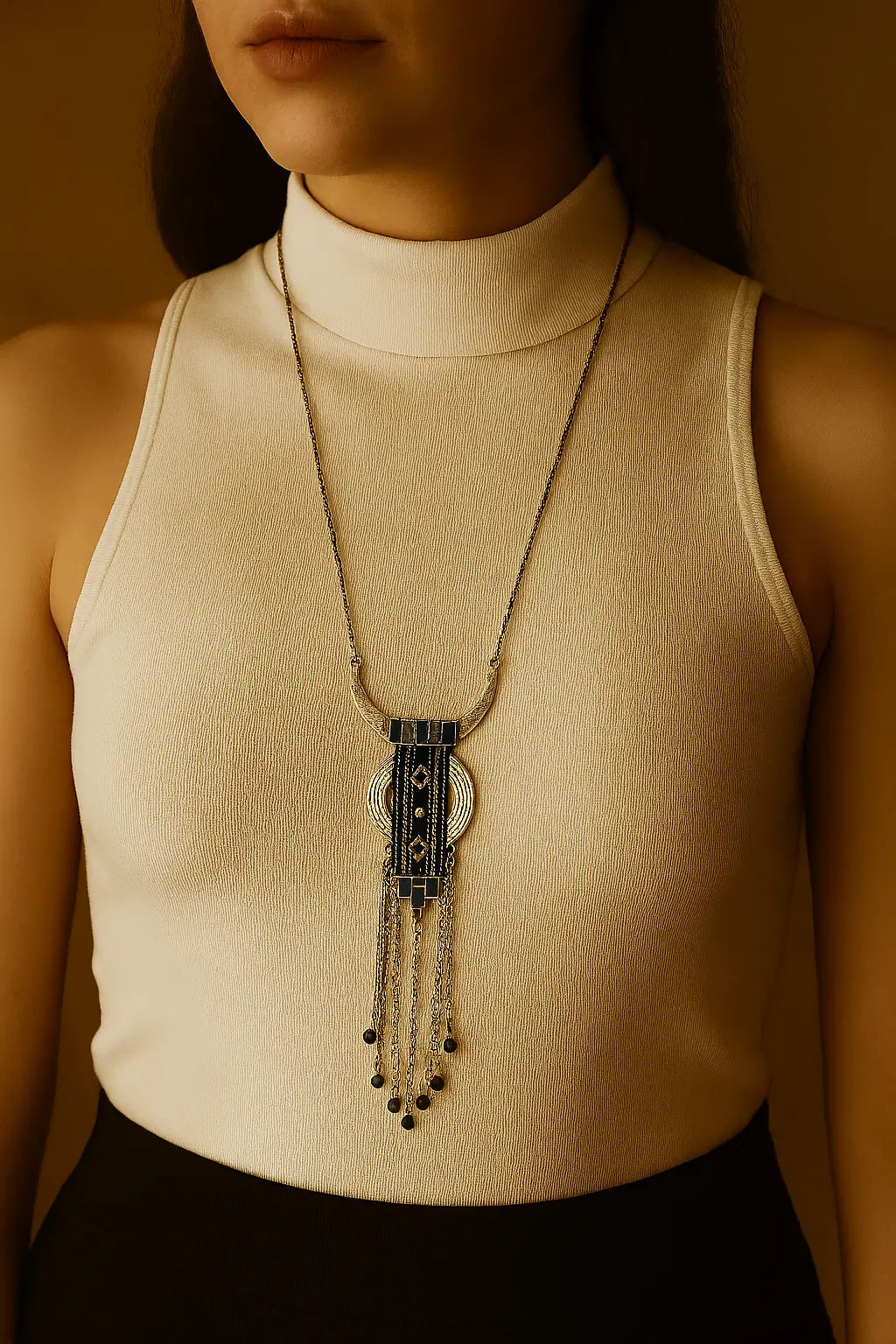 Boho Crescent Pendant Necklace with Black Beads