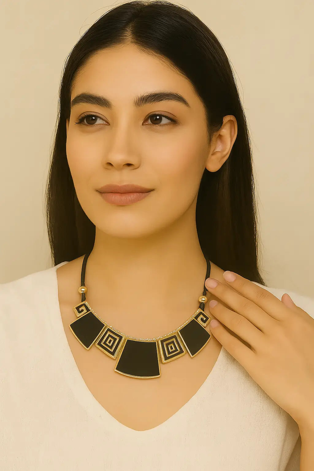 Boho Black Thread Necklace with Square Motif