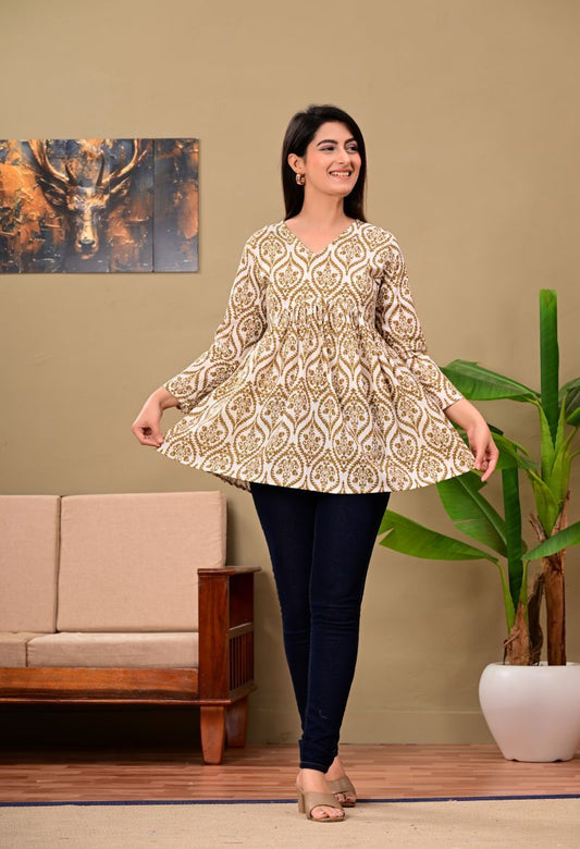 Pure Cotton Short Kurta – Blue, Grey & Beige