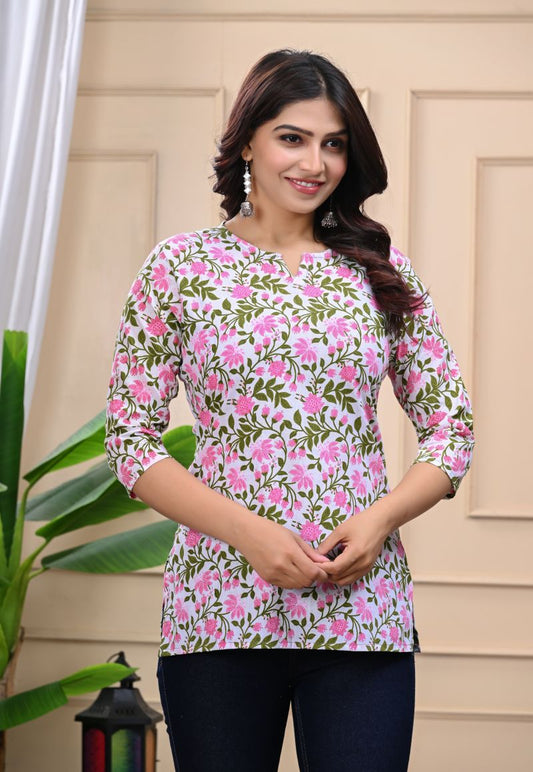 Pure Cotton Short Kurta – Pink Multi
