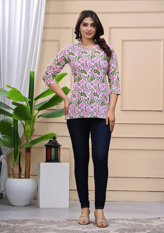 Pure Cotton Short Kurta – Pink Multi