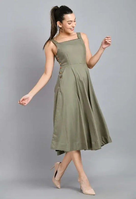 Mehendi Green Wood Button Linen Dress