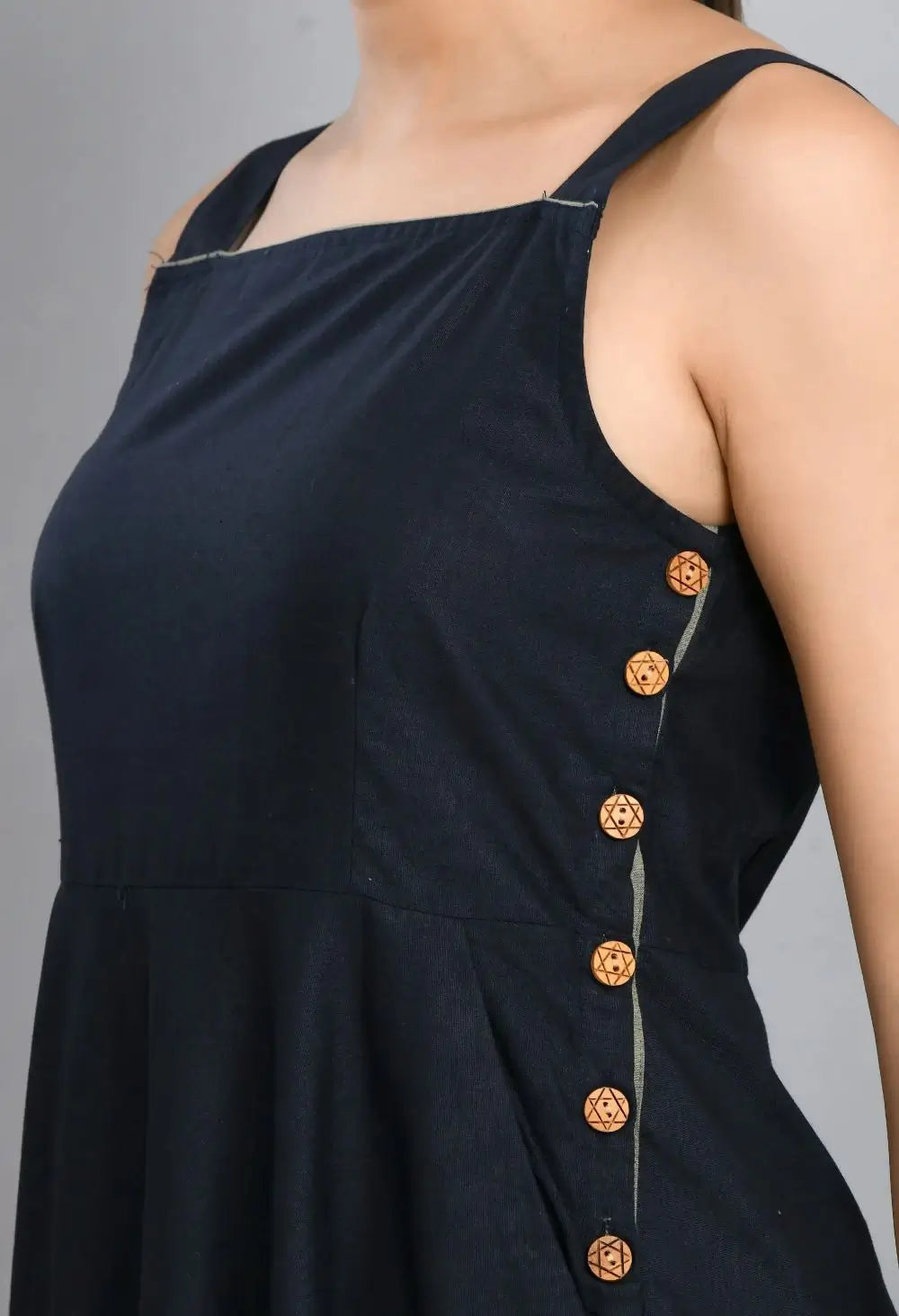 Blue Linen Wood Button Dress