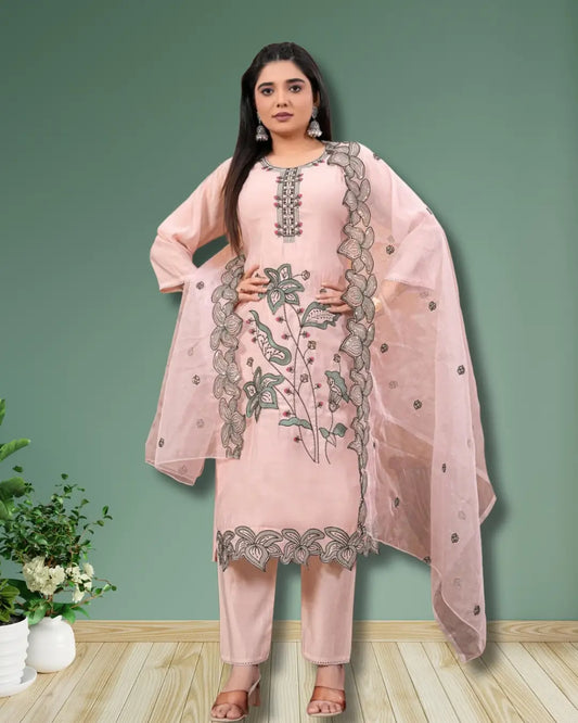 Designer Roman Silk Embroidered Kurti with Dupatta