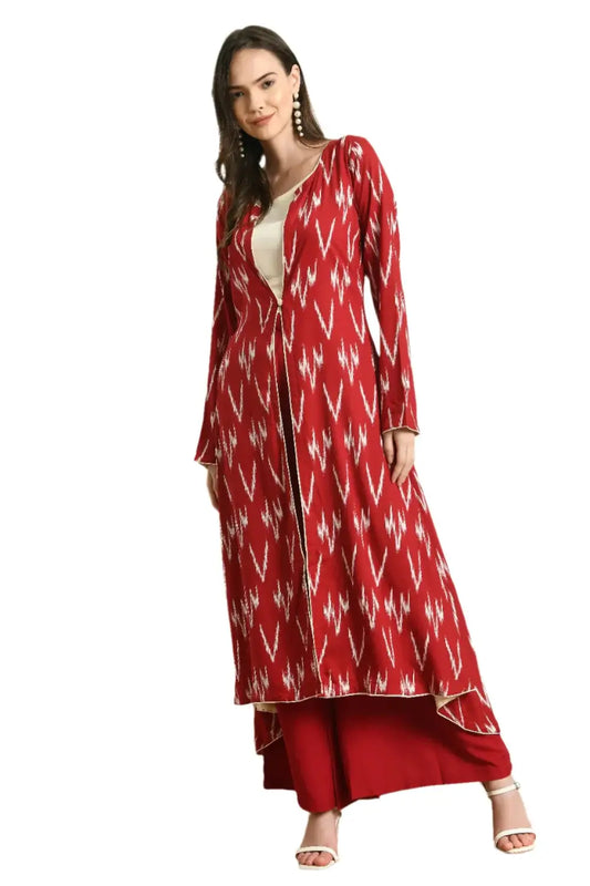  Elegant Red Palazzo Set with Crop Top & Jacket