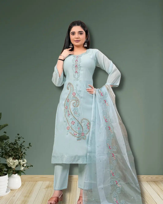 Elegant Roman Silk Embroidered Kurti with Organza Dupatta