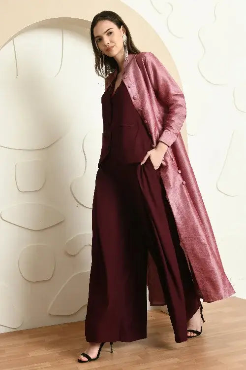 Elegant Wine Co-Ord Set with Banarsi Dupion Jacket