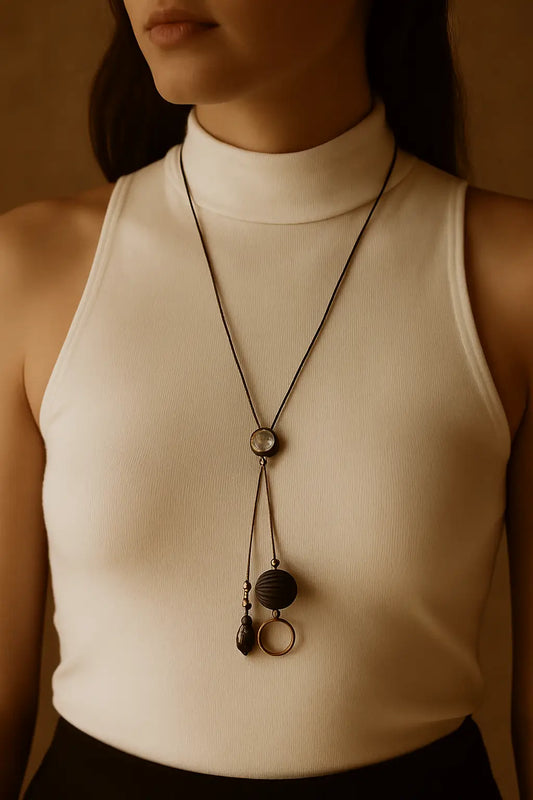 Dual Pendant Necklace with Black Bead & Crystal