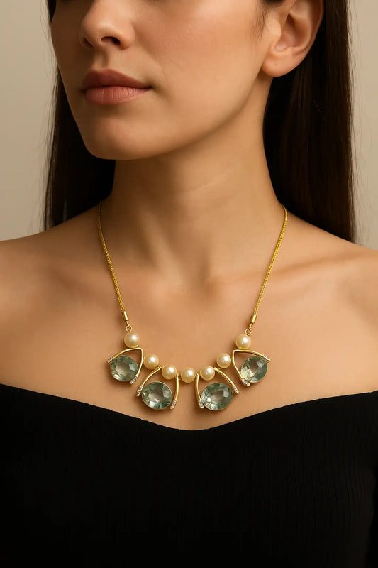 Elegant Stone & Pearl Gold-Tone Necklace